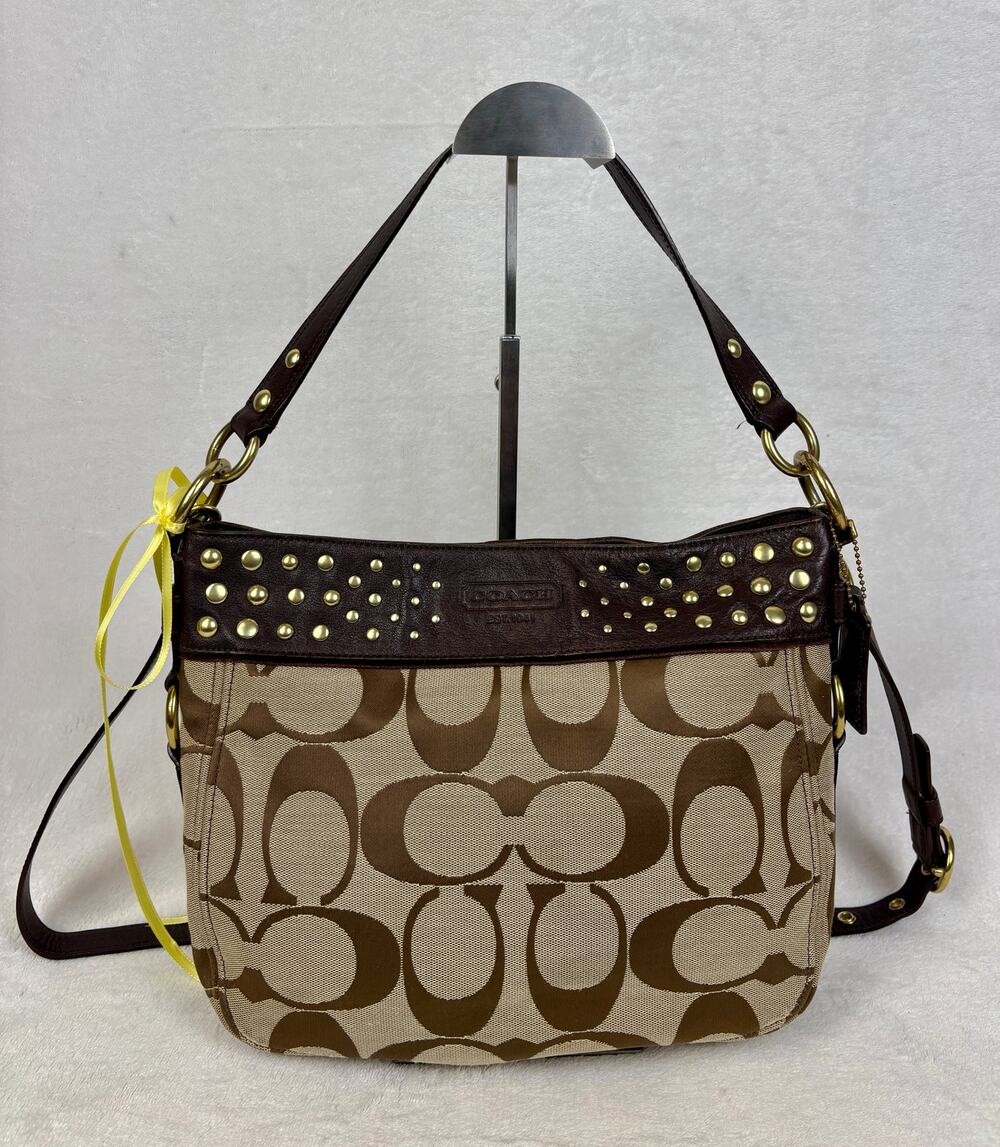 Coach Studded Zoe Hobo in Signature C Jacquard with Leather Trim/Studs